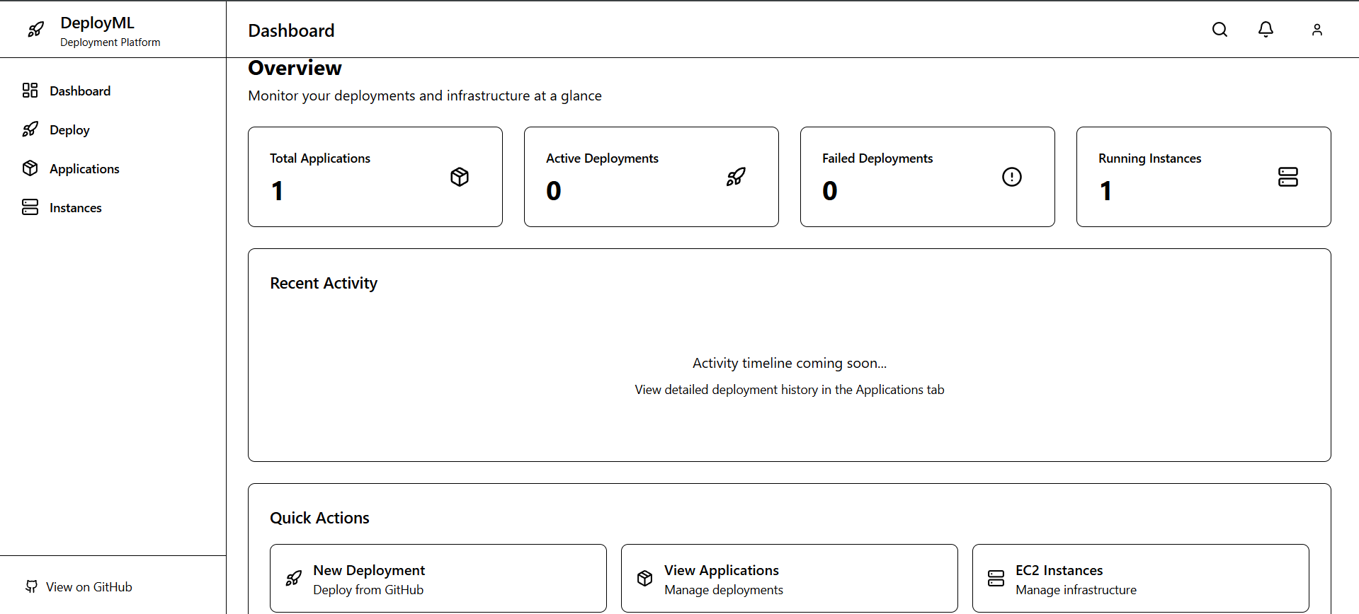 DeployML dashboard showing deployment overview with active instances