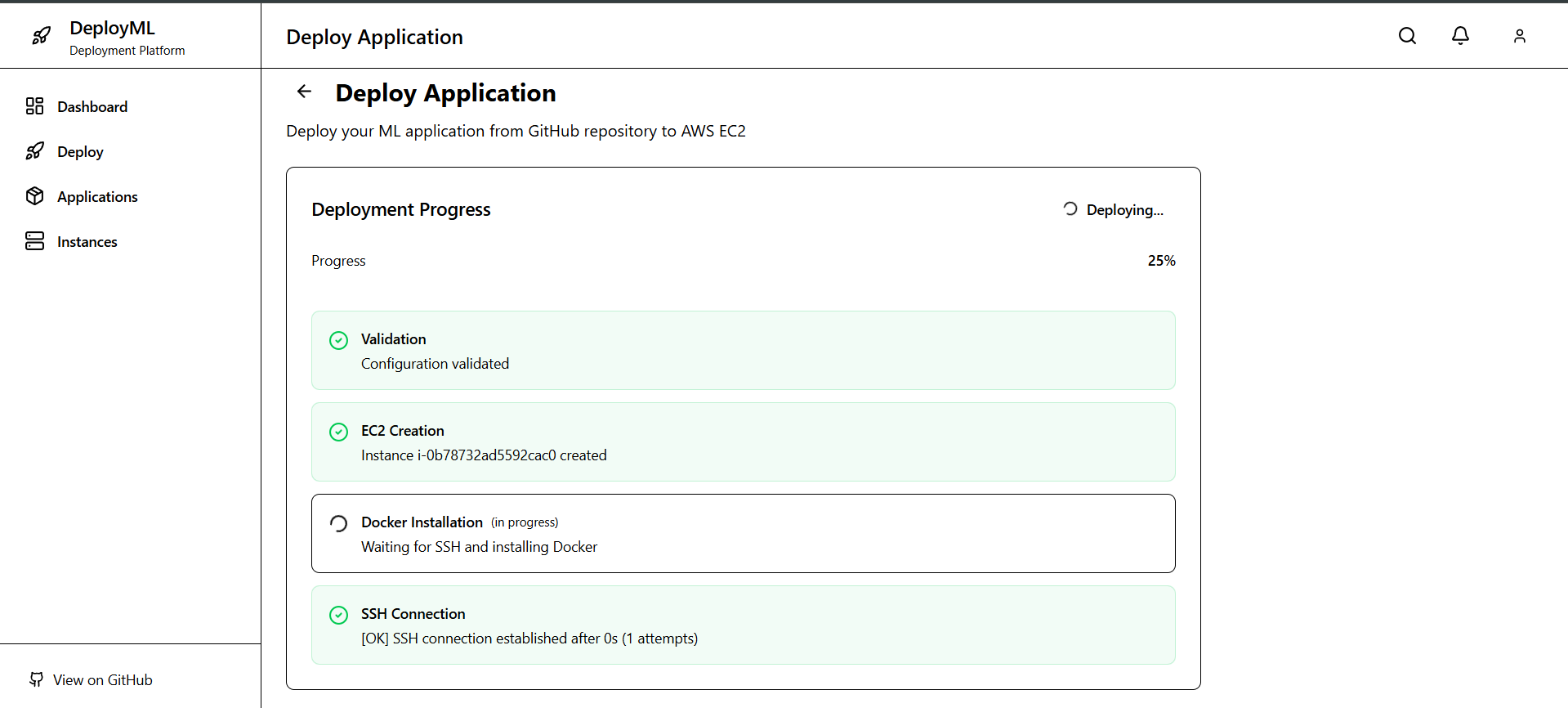 DeployML deployment in progress — live status streaming over Socket.IO